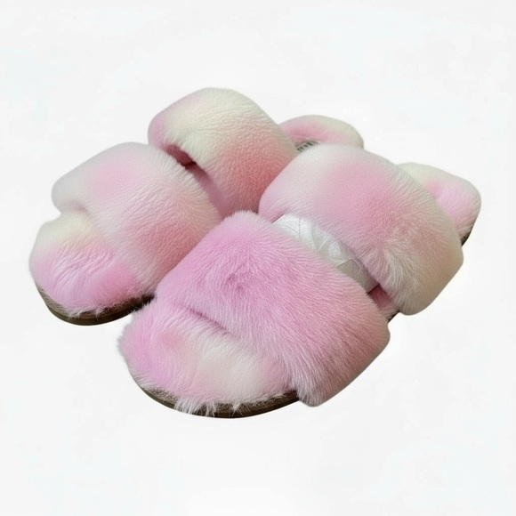 Nicole Miller Pink and Cream Fluffy Slippers - Picture 4 of 8